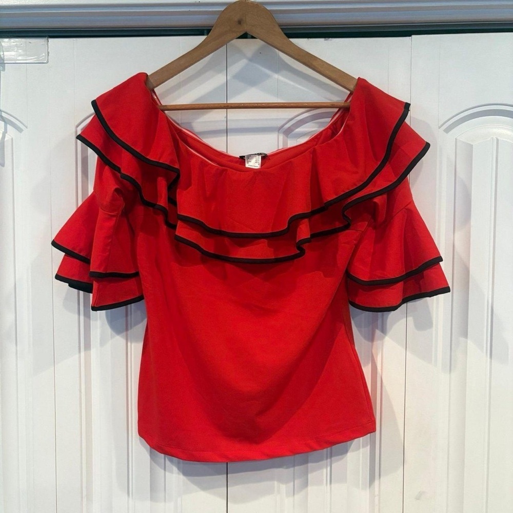 VENUS Scarlet Ruffle Blouse with Ebony Accents
